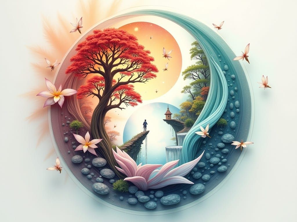 Ethereal Yin Yang Landscape in Pastel Watercolor