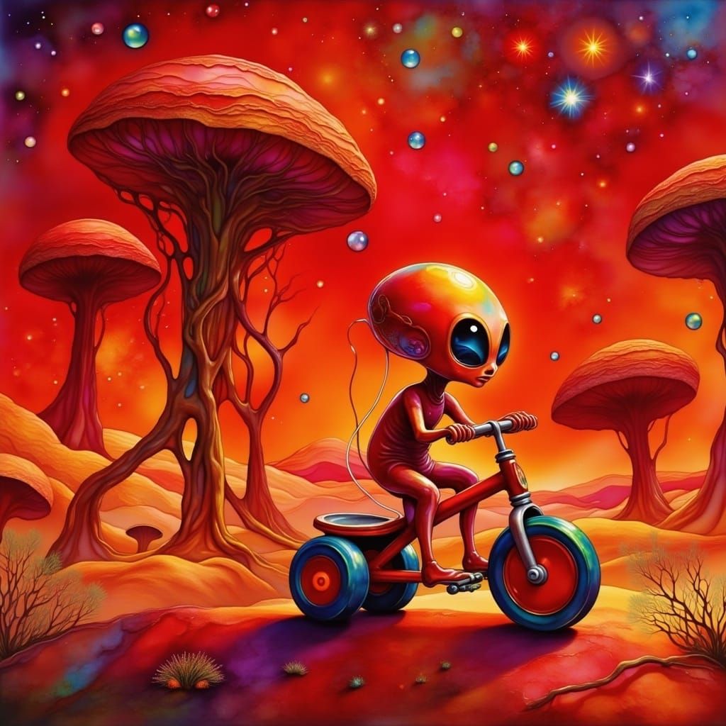 Vibrant Martian Tricycle Scene in Impasto Oil Painting