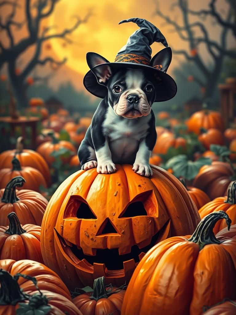 Whimsical Boston Terrier Puppy in Halloween Scene