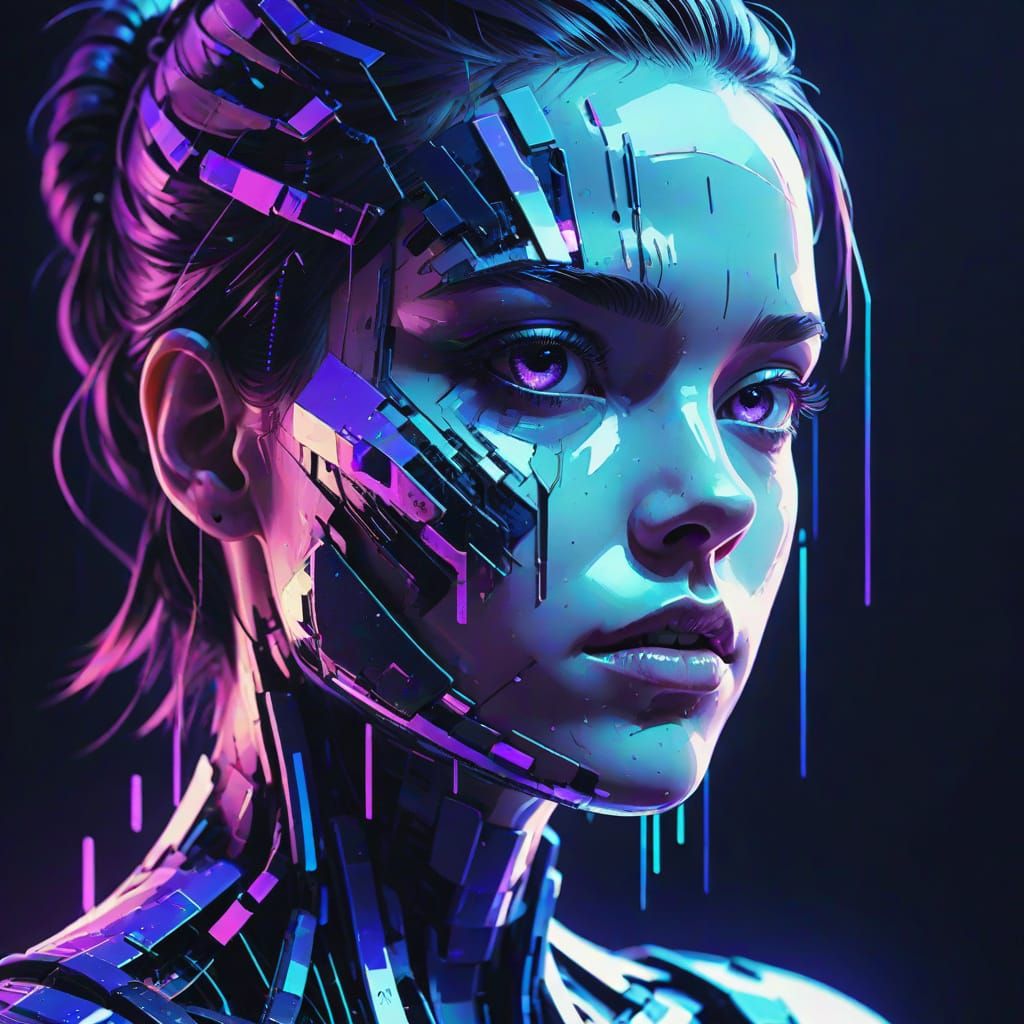 Figure Caught in Digital Glitch in Neon Art Style