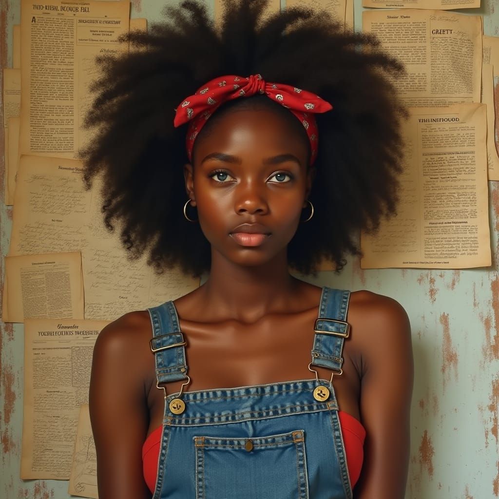 Striking Portrait of Woman with Curls in Overalls