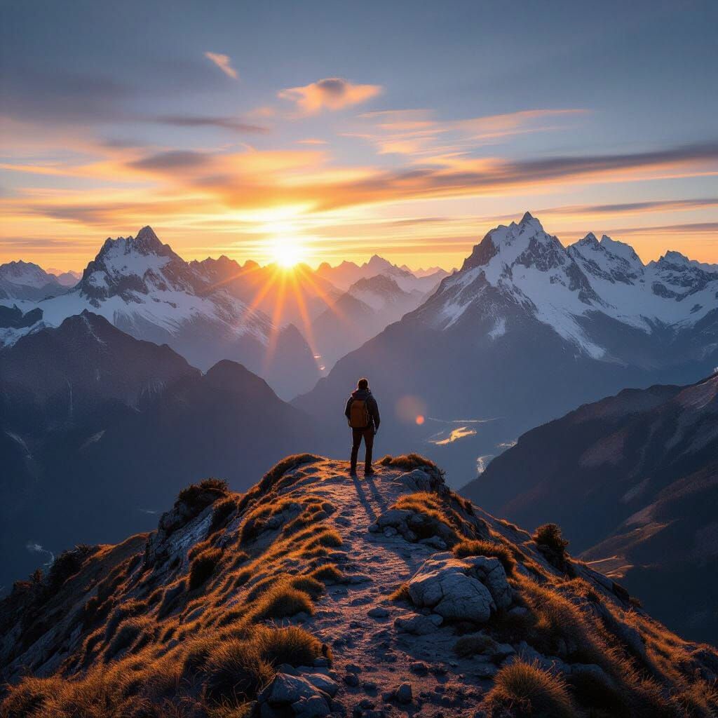 Lone Hiker Views Majestic Snowy Alps at Golden Hour