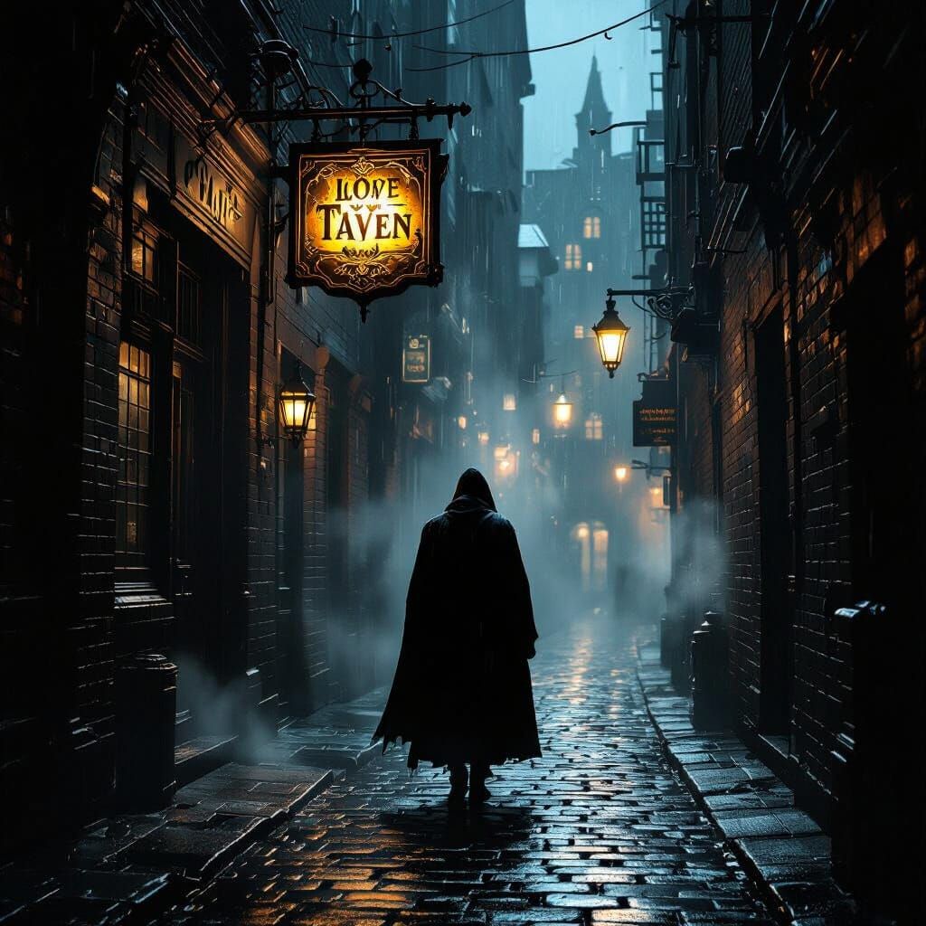 Noir Alleyway Scene with Cloaked Figure