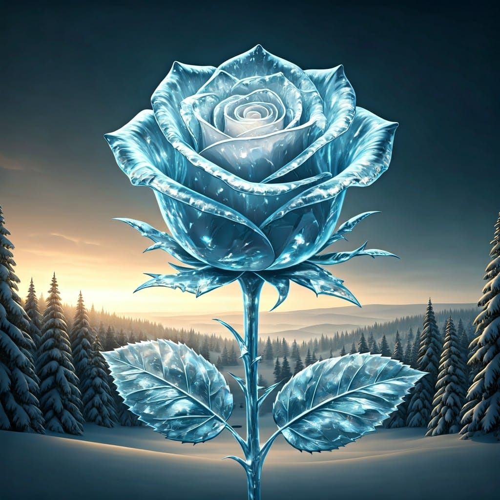 Surreal Christmas Ice Rose in Futuristic Winter Wonderland