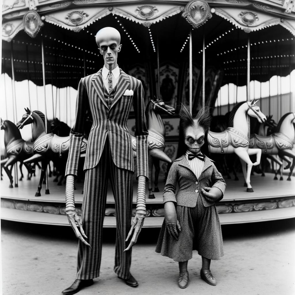 Eerie Humanoids at Peculiar Carousel, Early 20th-Century Sty...