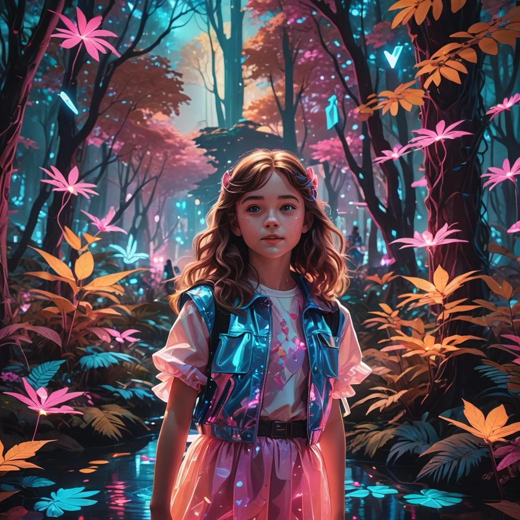 Synthwave Neon: Joyful Girl in Retro-Futuristic Forest