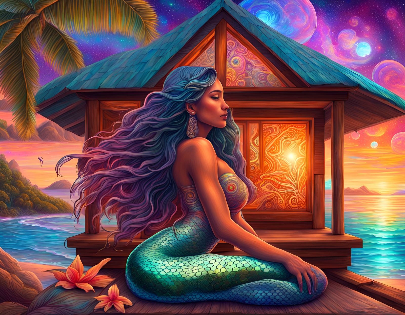 Polynesian Mermaid at Beach House, Astral Illustration