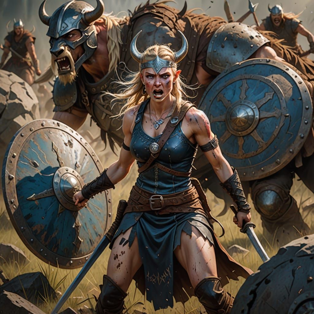 Fierce Viking Woman Warrior in Battlefield Scene