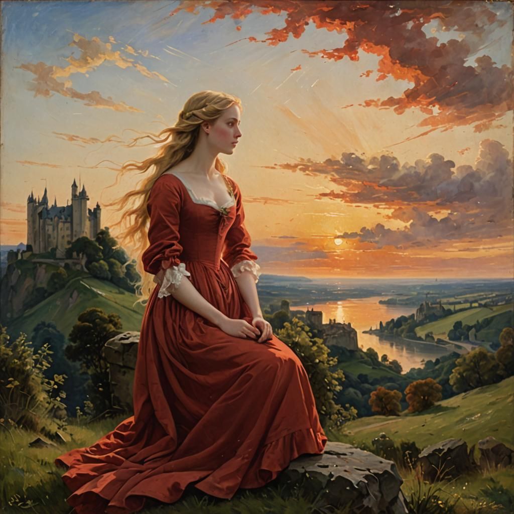 Romantic Oil Painting of Woman Contemplating Castle Sunset