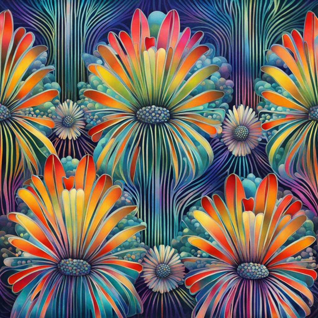 Art Deco Daisies in Pointillism with Iridescent Metal