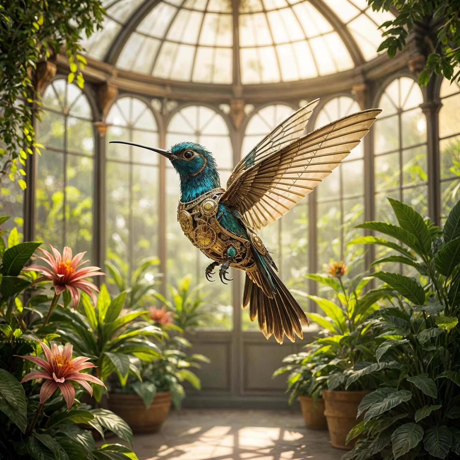 Steampunk Mechanical Hummingbird in Victorian Conservatory