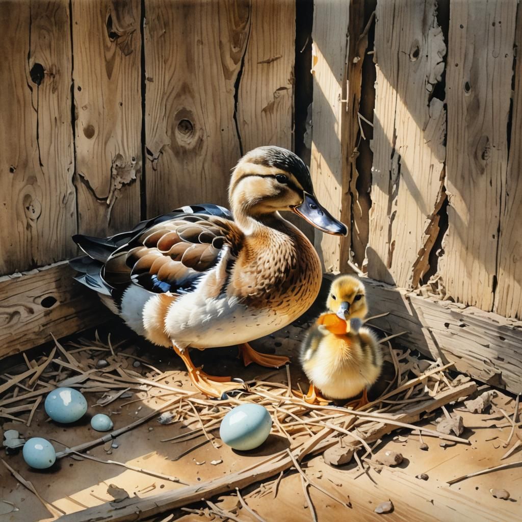 Duckling Emerges from Egg in Watercolour Scene