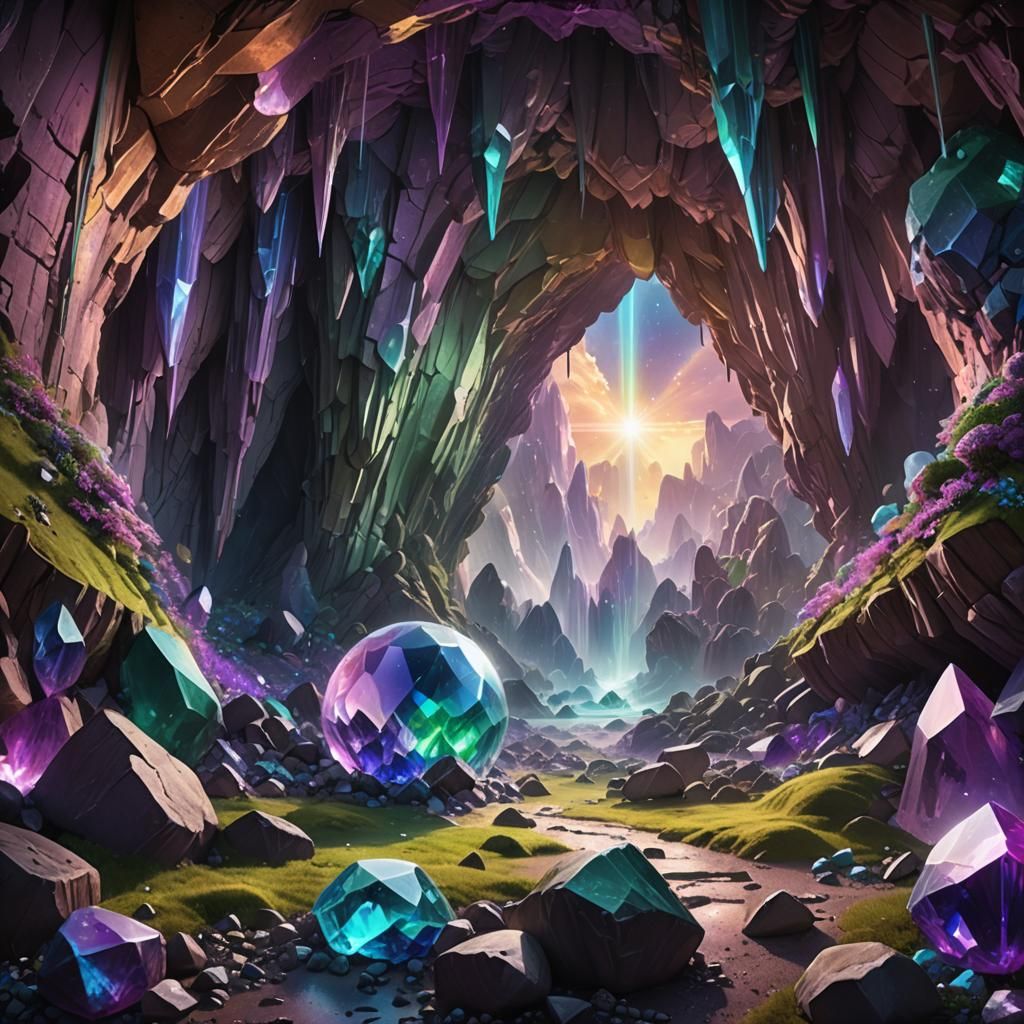Crystal Cave Panorama with Rainbow Laser, Digital Art