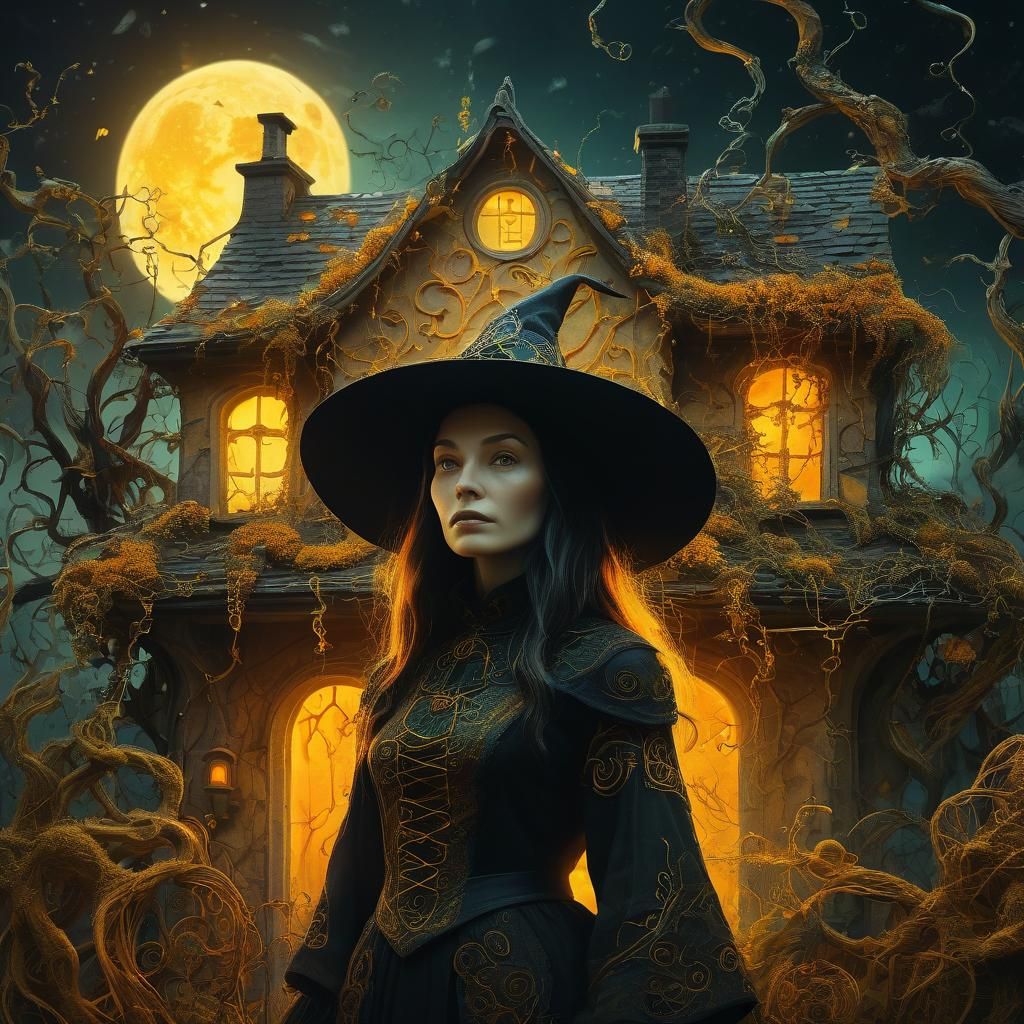 Mystical Witch Woman with House Hat: Cosmic Illustration