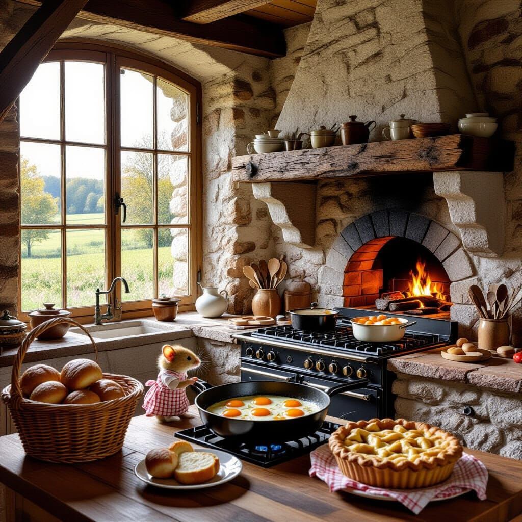 Rustic Kitchen with Mouse, Impressionist Style
