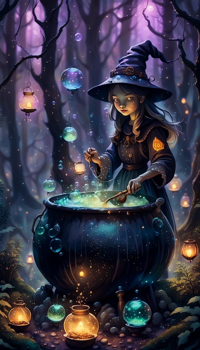 Enchanting Witch Brews Potion in Mystical Forest