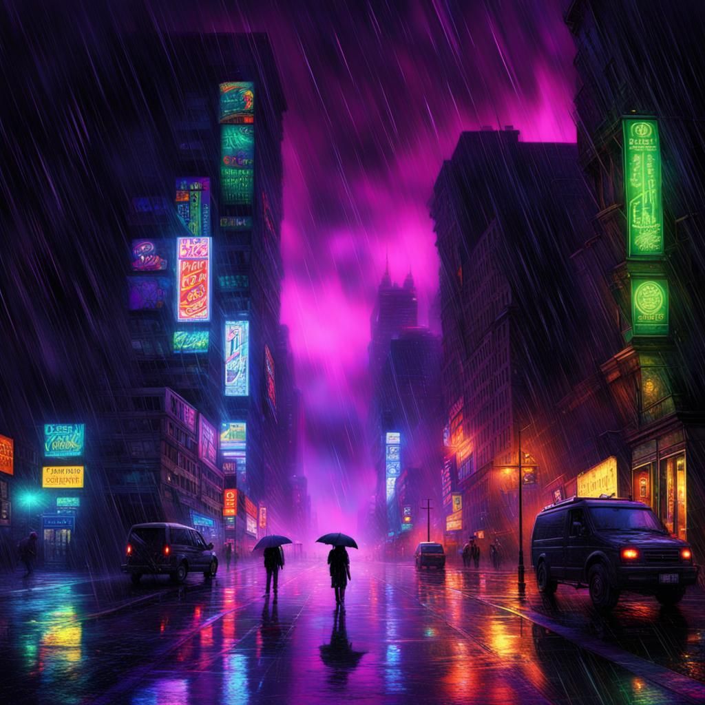 Rainy City Night in Black Light Art