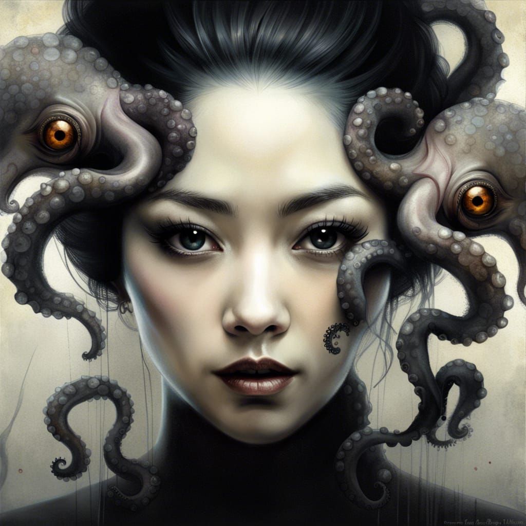 Japanese Woman with Octopuses: Chromolithograph Portrait