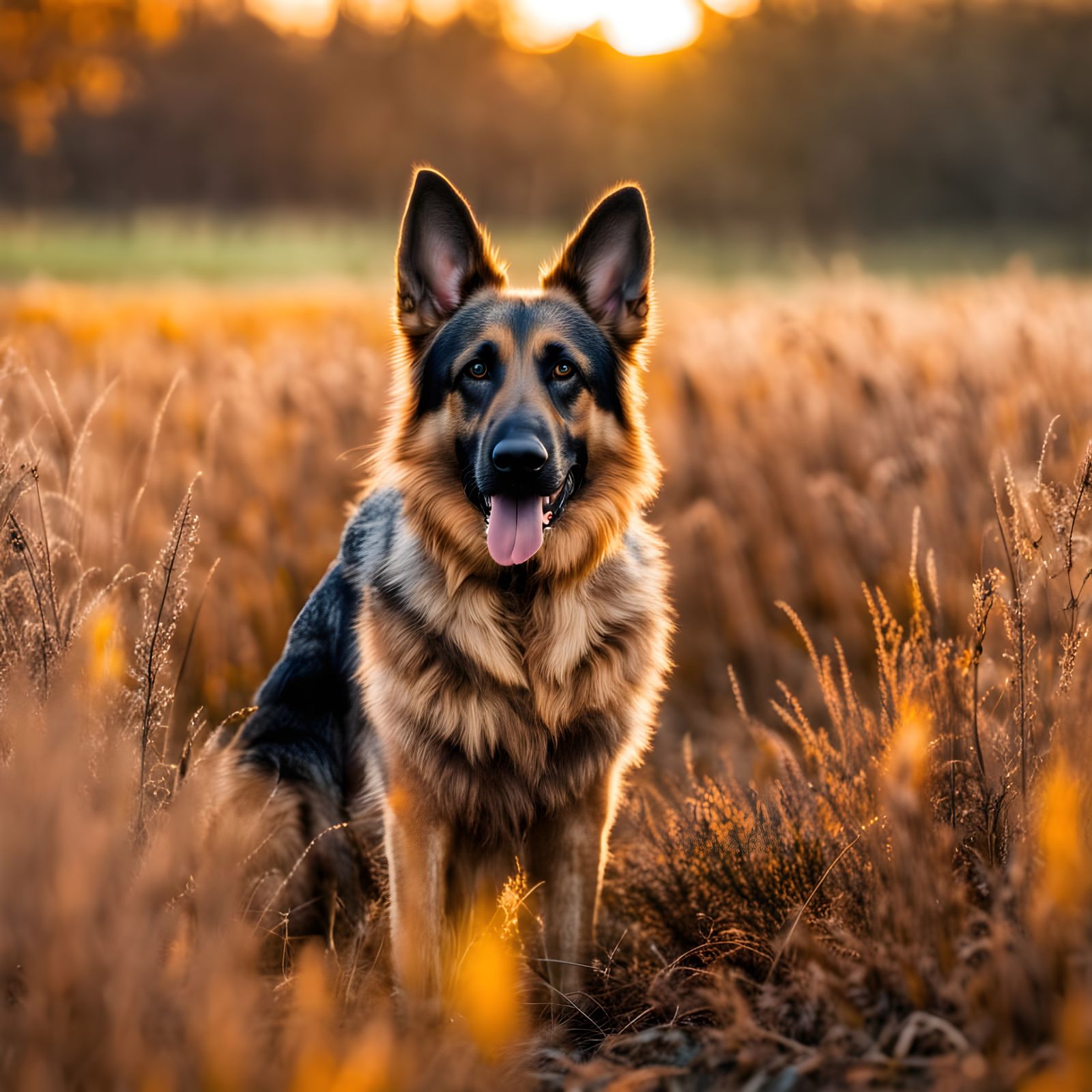 German Shepherd Camouflaged in Autumn Prairie at Sunrise