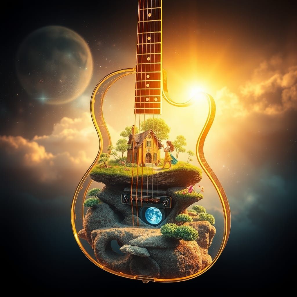 Golden Glass Guitar: Whimsical Fairy Land Inside