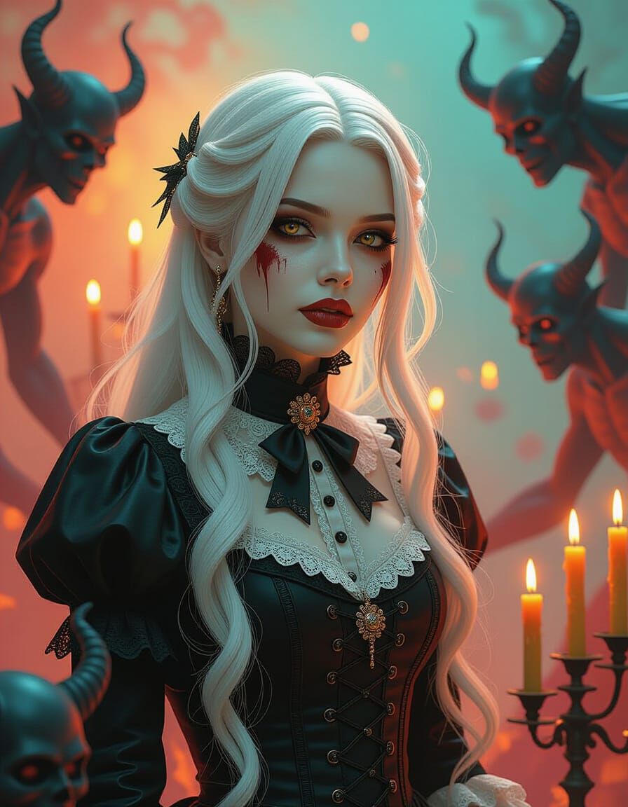 Zombie Woman Surrounded by Demons in Photorealistic Style