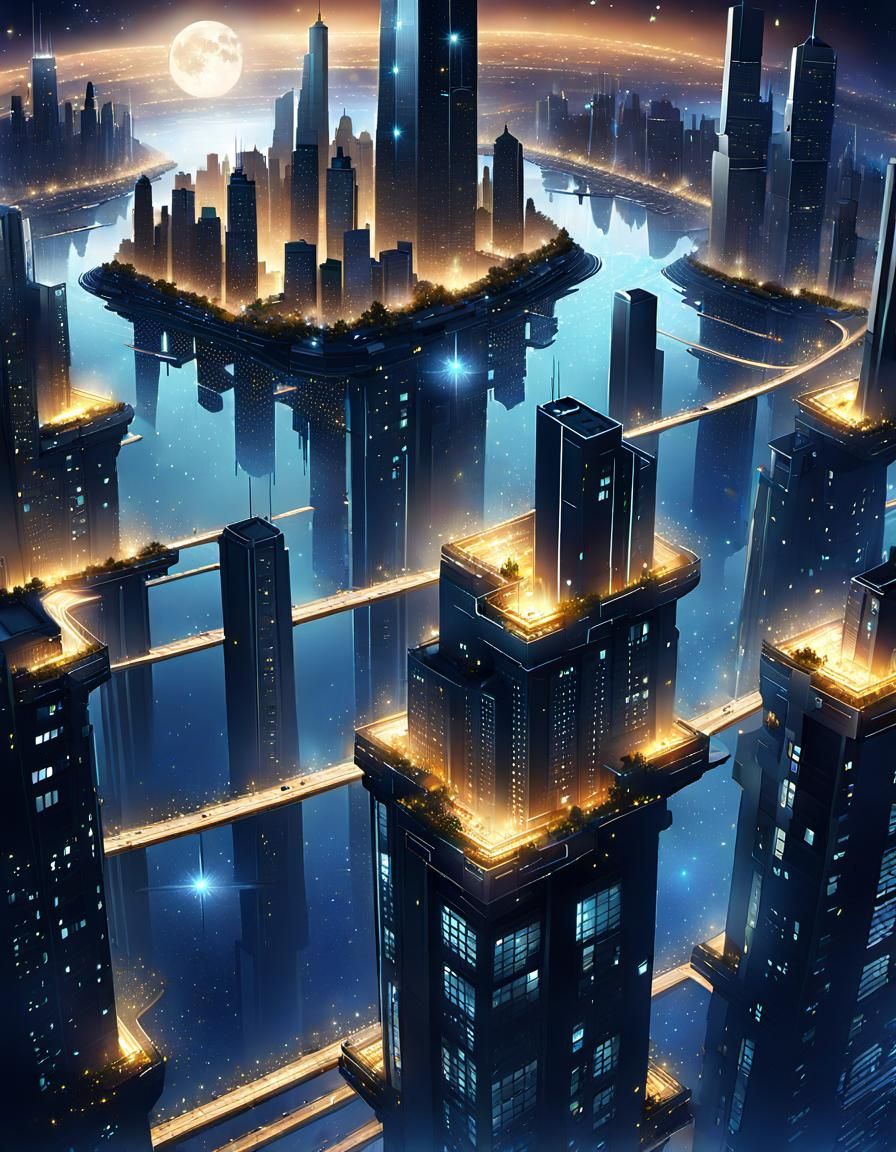 Ephemeral City Skyline at Night with Shooting Stars