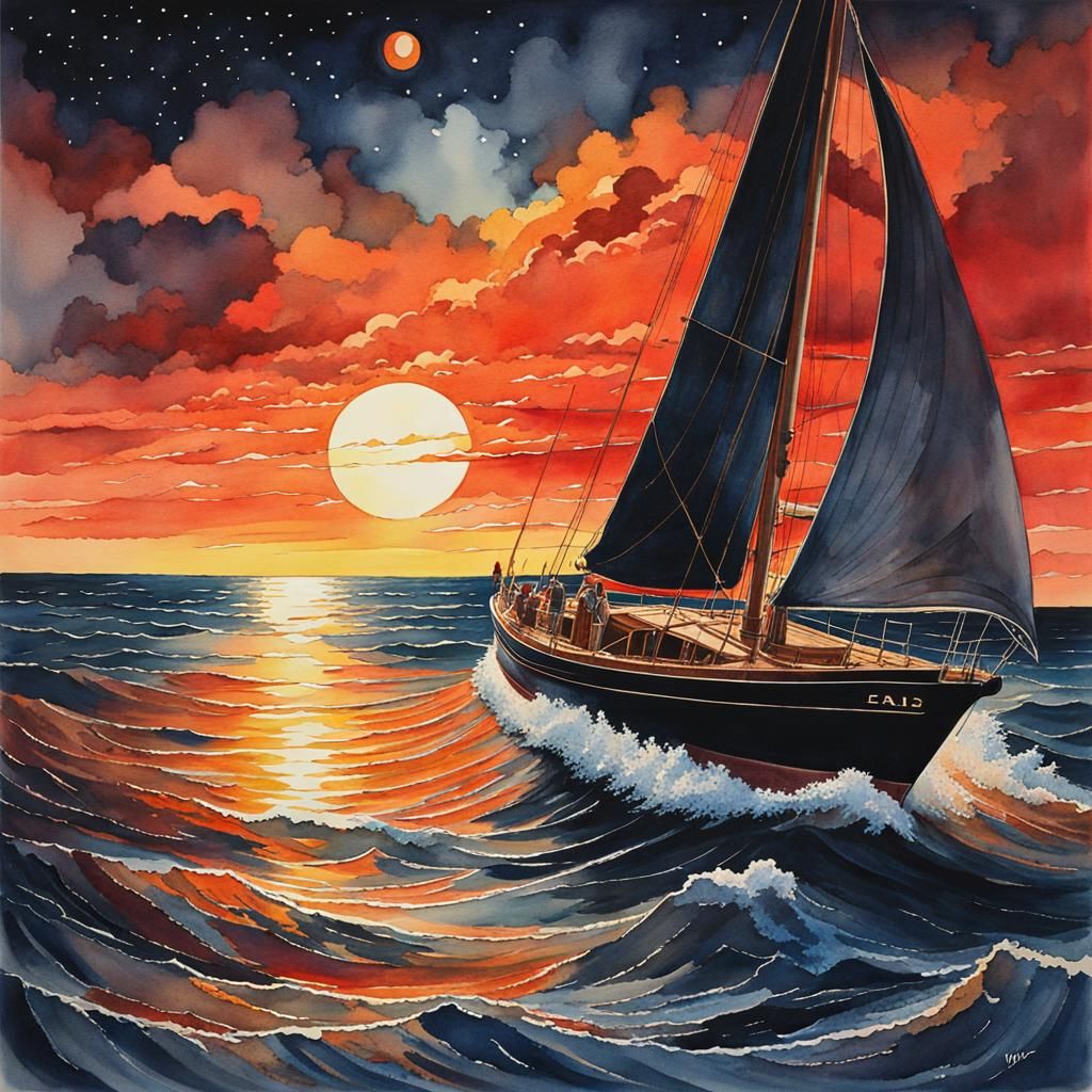 Meteorite Over Ocean at Night in Watercolor