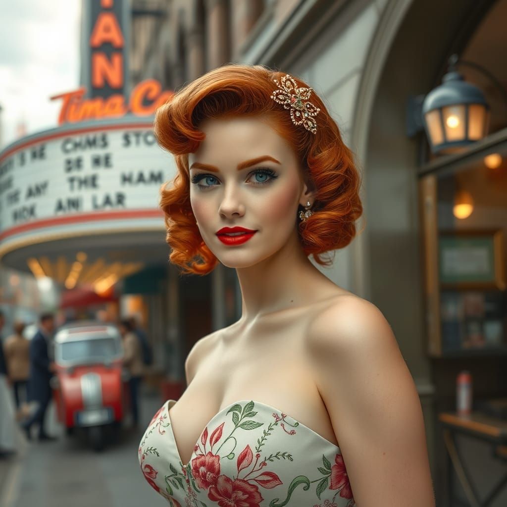 1950s Pinup Girl Outside Vintage Cinema