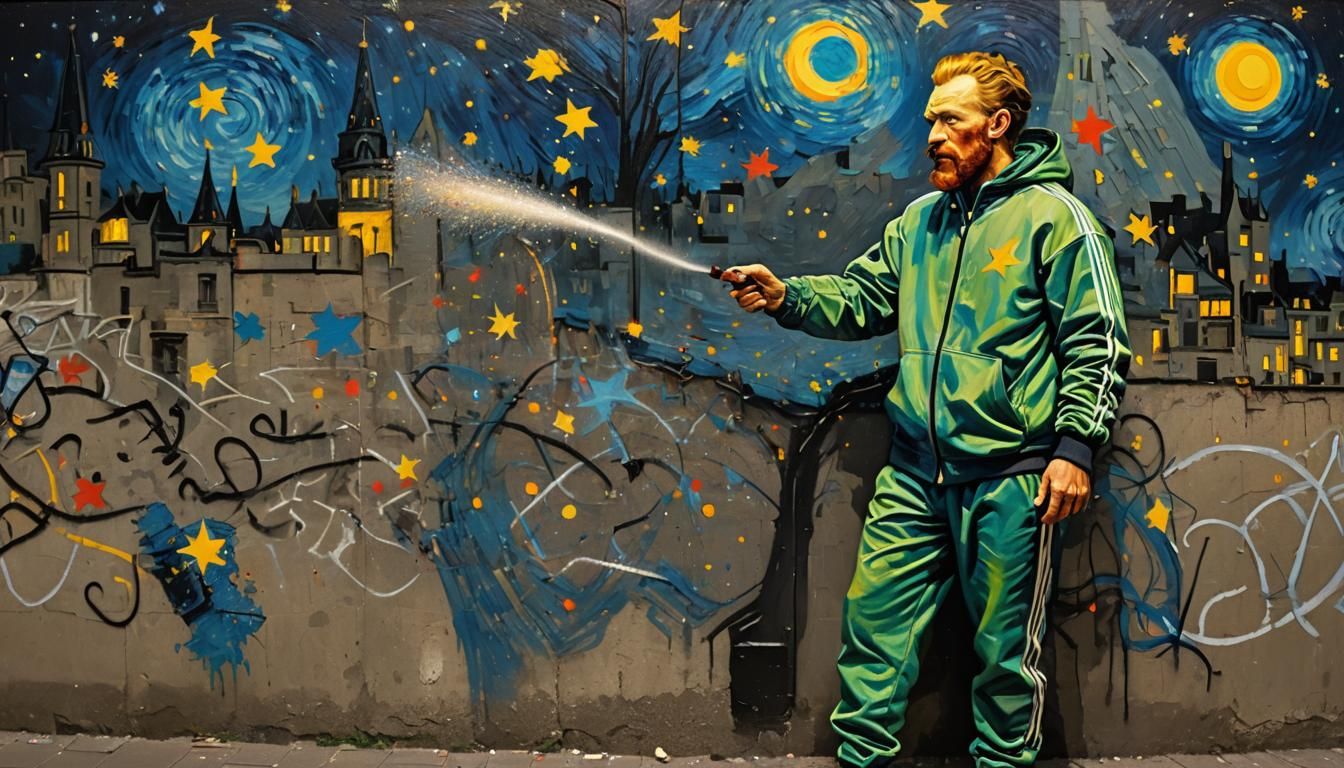 Van Gogh Sprays Graffiti in Paris, in Van Gogh Style
