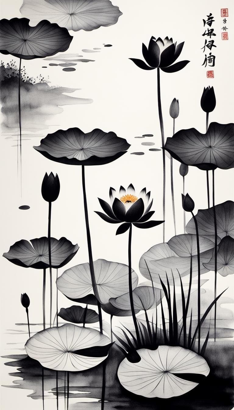 Minimalist Ink Painting of Lotus Flowers and Frog