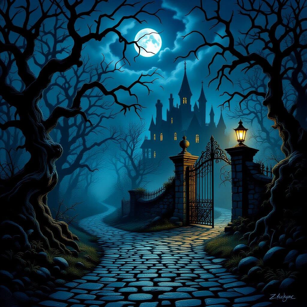 Spooky Forest Path to Haunted Mansion at Night