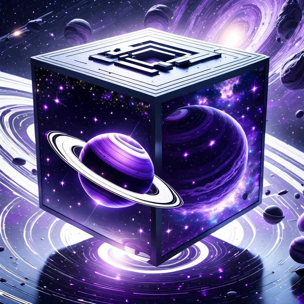 Galactic Saturn Floating Before Black Cube