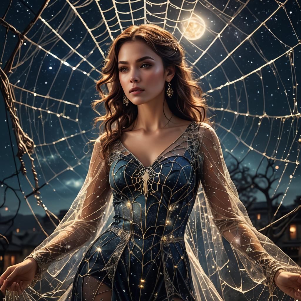 Woman in Spider Web Dress Against Night Sky