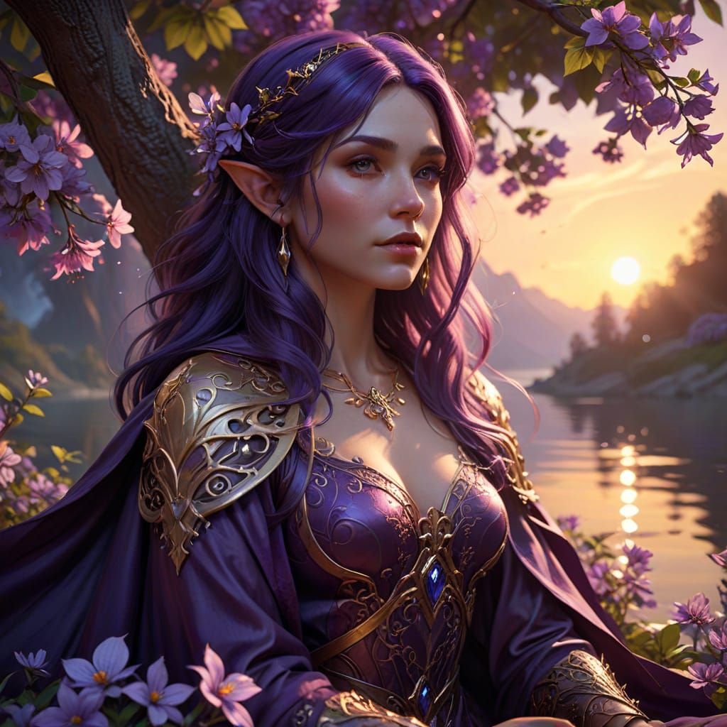 Elf Mage in Dark Fantasy Style with Sunset Glow