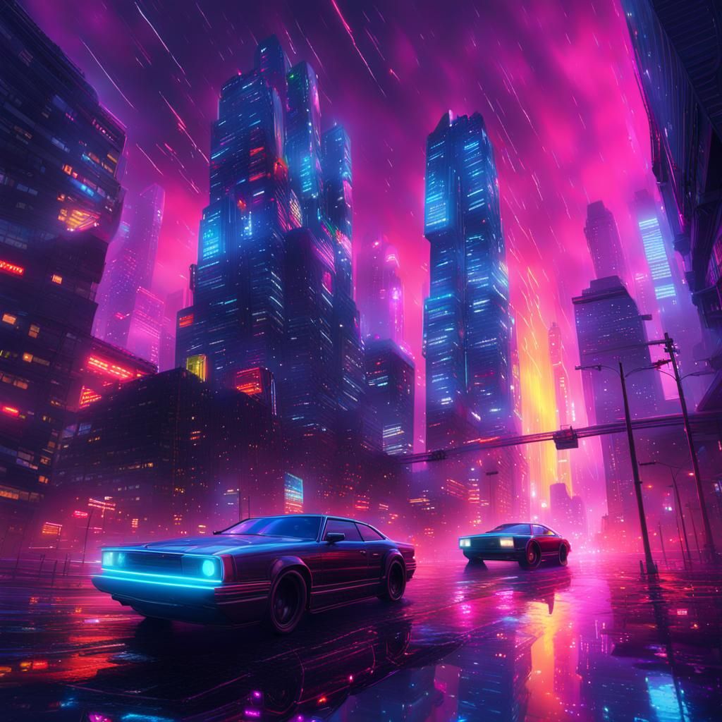 Synthwave Cityscape with Rain and Reflections