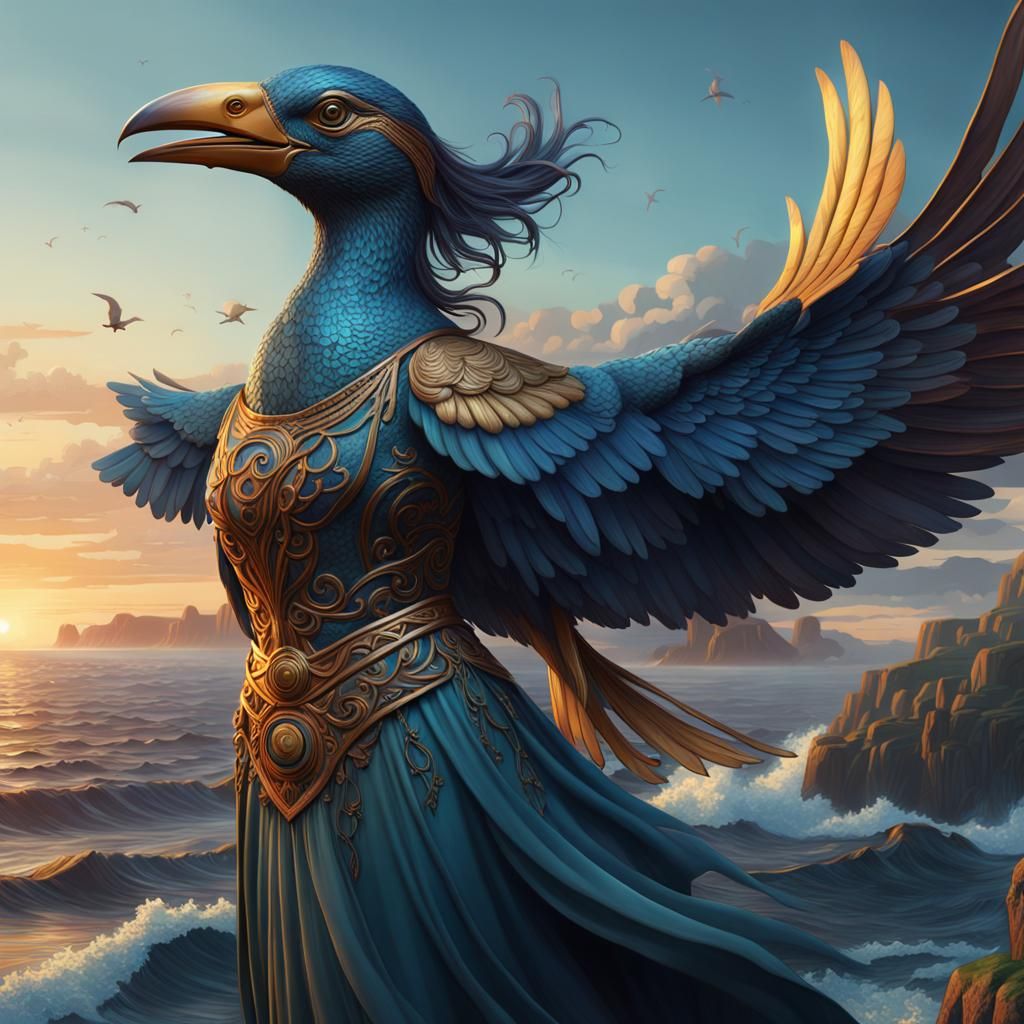 Bird-Woman Emerges from Sea in Art Nouveau Style