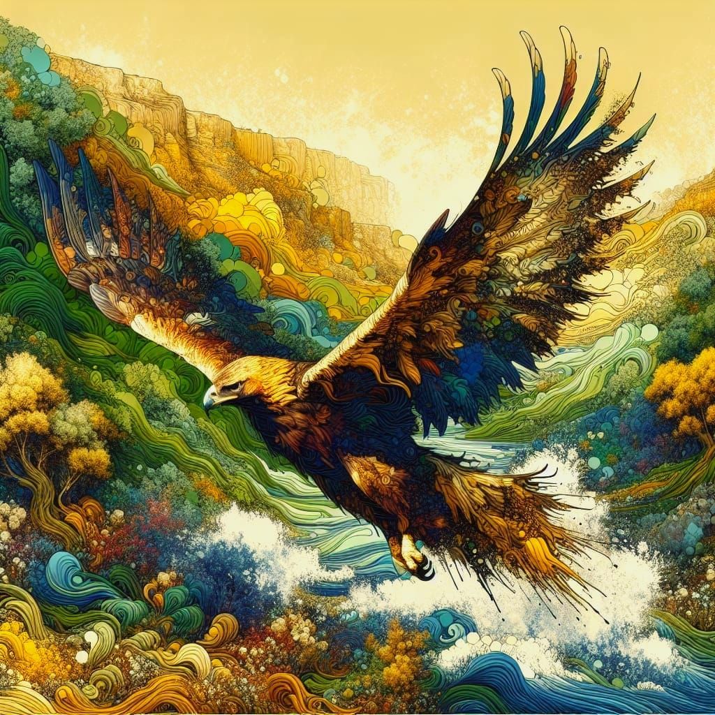 Golden Eagle Diving in Colorful Landscape Splash Art