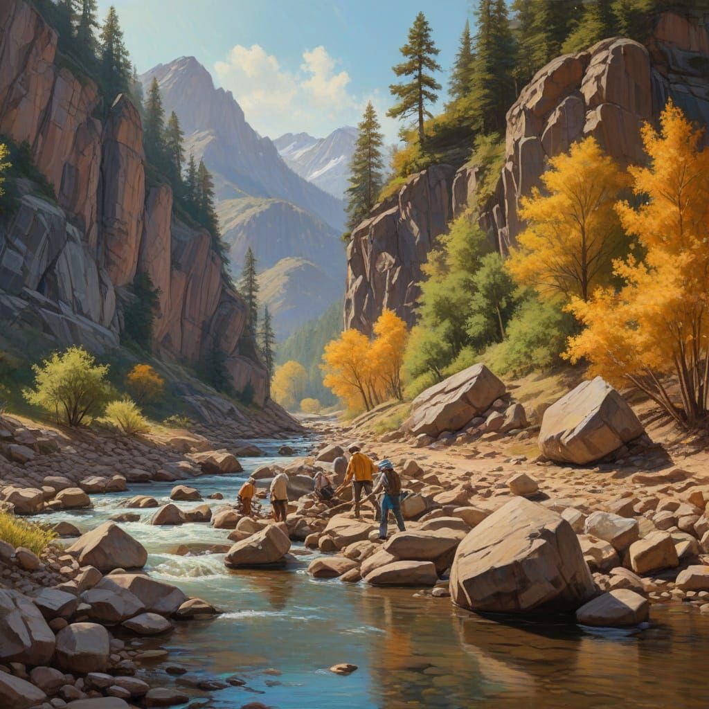 Impressionist Oil Painting of Gold Miners in Golden Hour