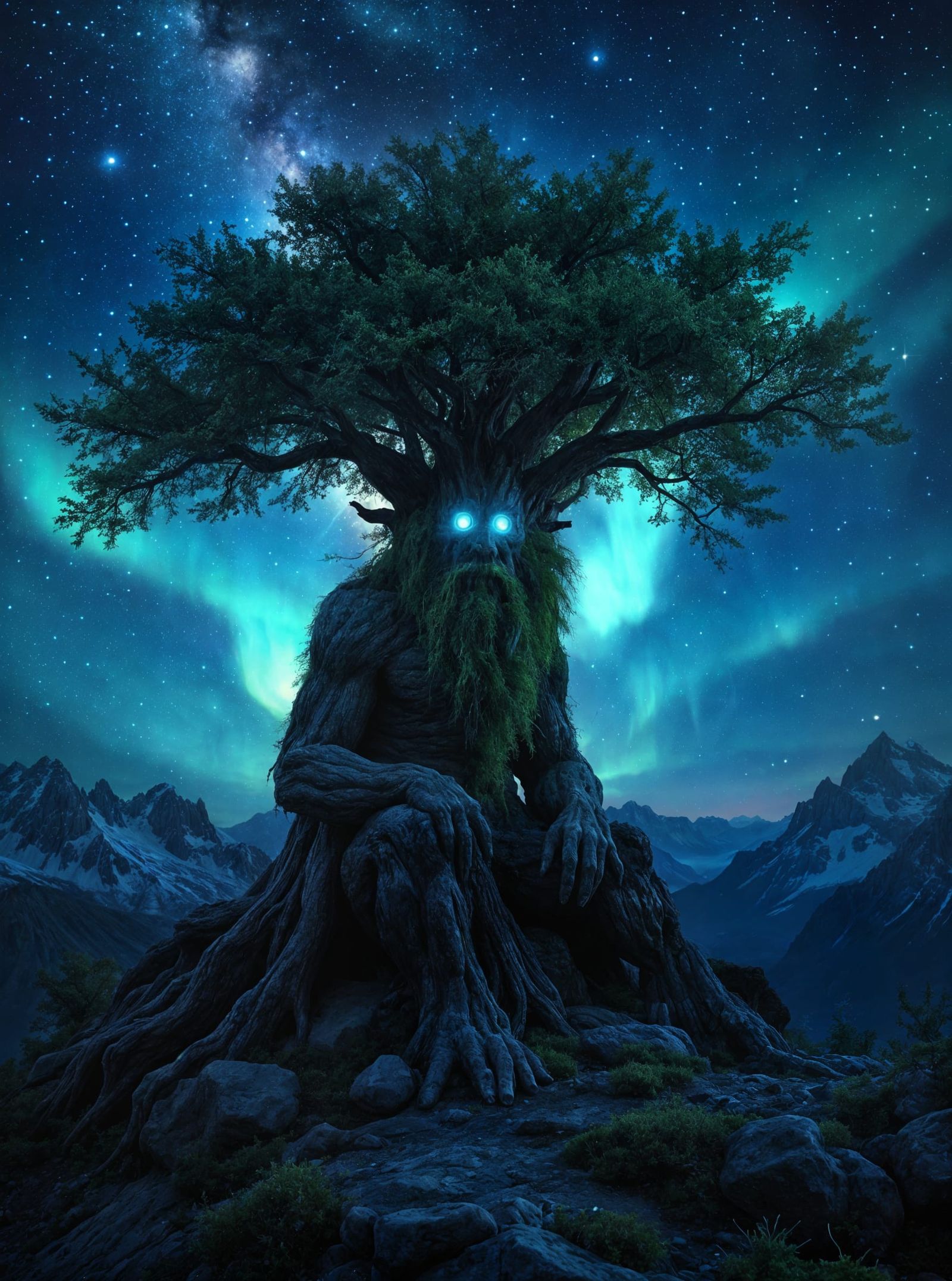 Mystical Tree Spirit Contemplates the Cosmos