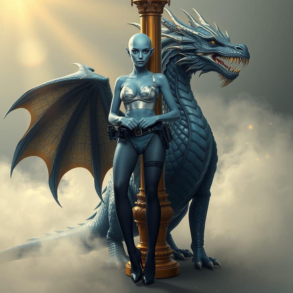 Alien Police Officer with Dragon in Ethereal Setting