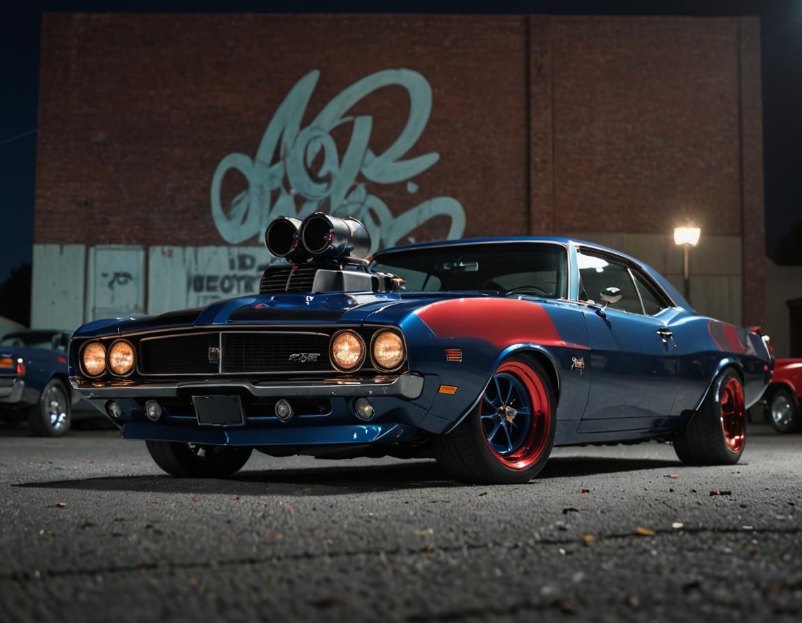 Metallic Blue Muscle Car at the Drive-In
