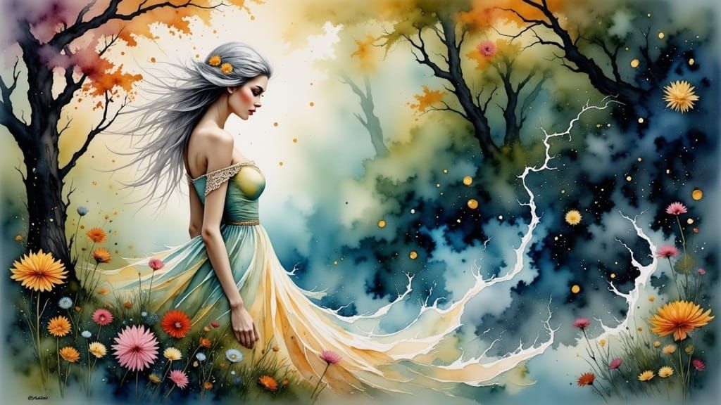 Ethereal Woman in Dreamlike Forest, Watercolour-Alcohol Ink