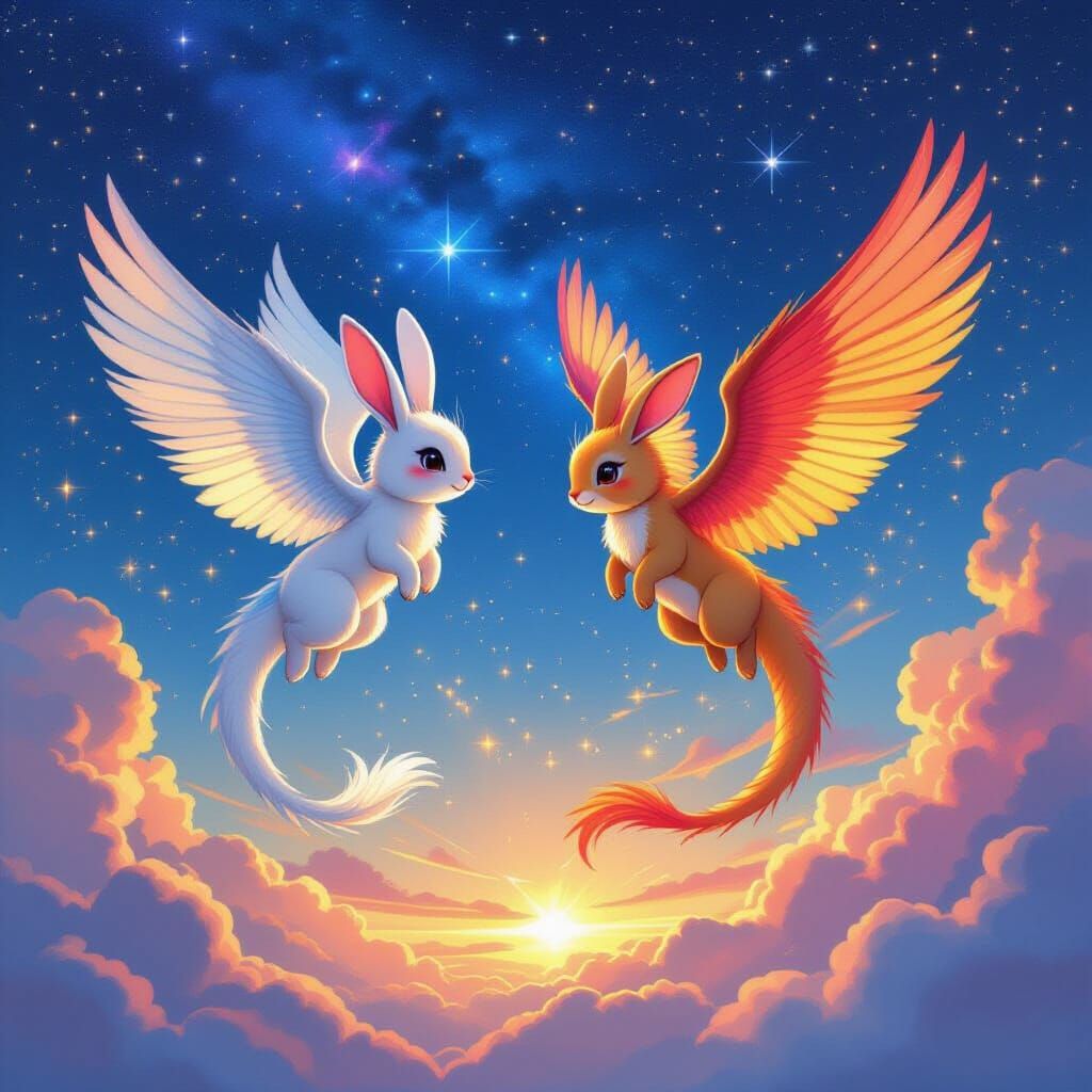 Bunny-Dragon and Bunny-Phoenix Soaring in Starry Sky
