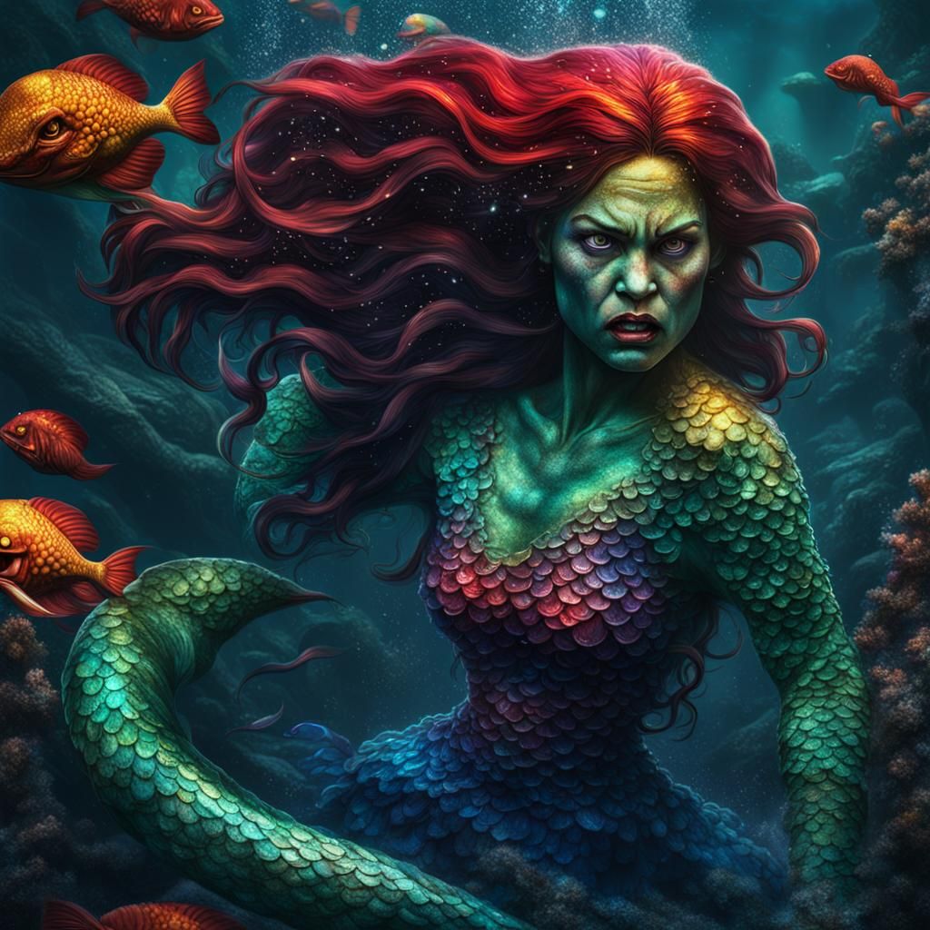 Angry Mermaid in Deep Colors and Dramatic Lighting