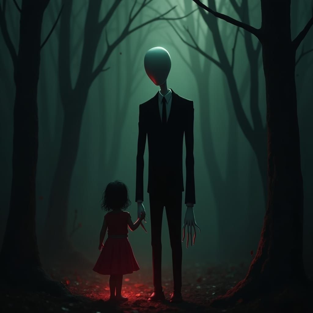 Eerie Slenderman in a Dark Forest with a Girl