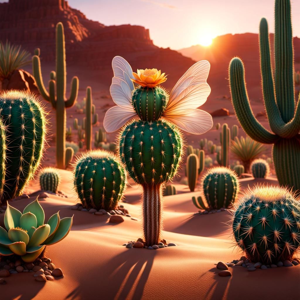 Hyperrealistic Cactus Fairy in Desert Sunrise