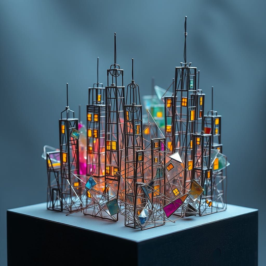 Surreal Wire Cityscape Sculpture in Photorealistic Style