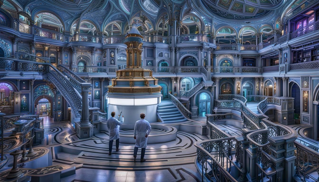 Complex Sci-Fi Lab with Scientists in Art Deco Style