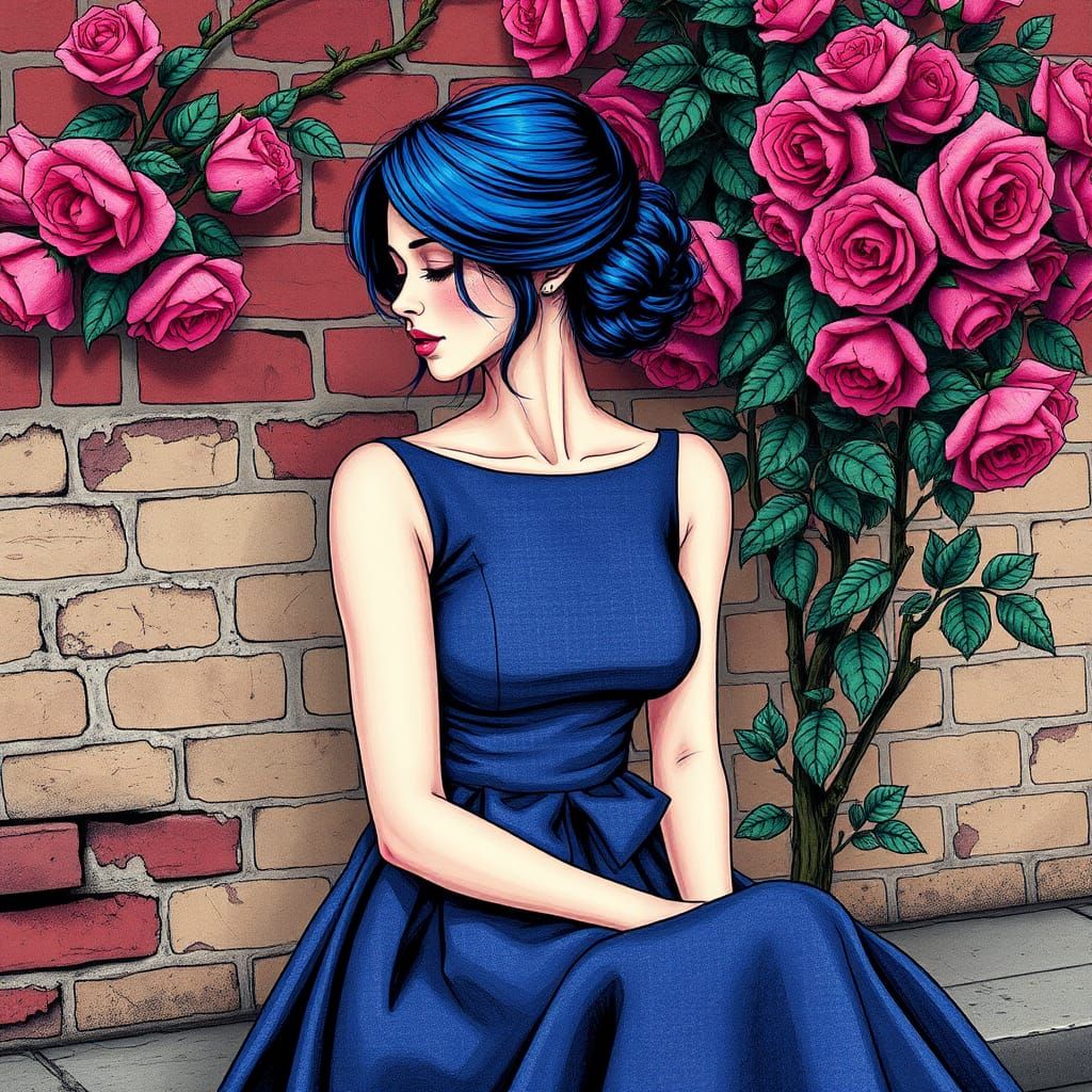 Stunning Woman, Blueberry Hair, Sleek Chignon, Wearing Peplum Top and Skirt, Sitting Against a Red and Beige Colored Bri...