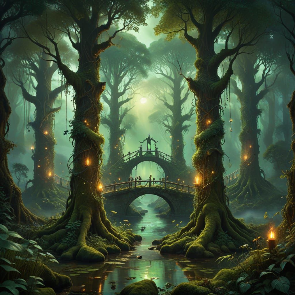 Mystical Circle of Trees in Vibrant Oil Painting